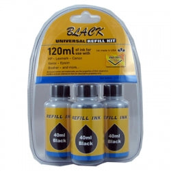 Universal Refill Ink Kit for Black Ink Cartridges (120 ml or three bottle)