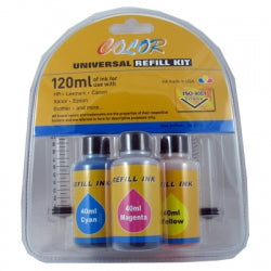Universal Refill Ink Kit for Color (CMY) Ink Cartridges (120 ml or three bottles)